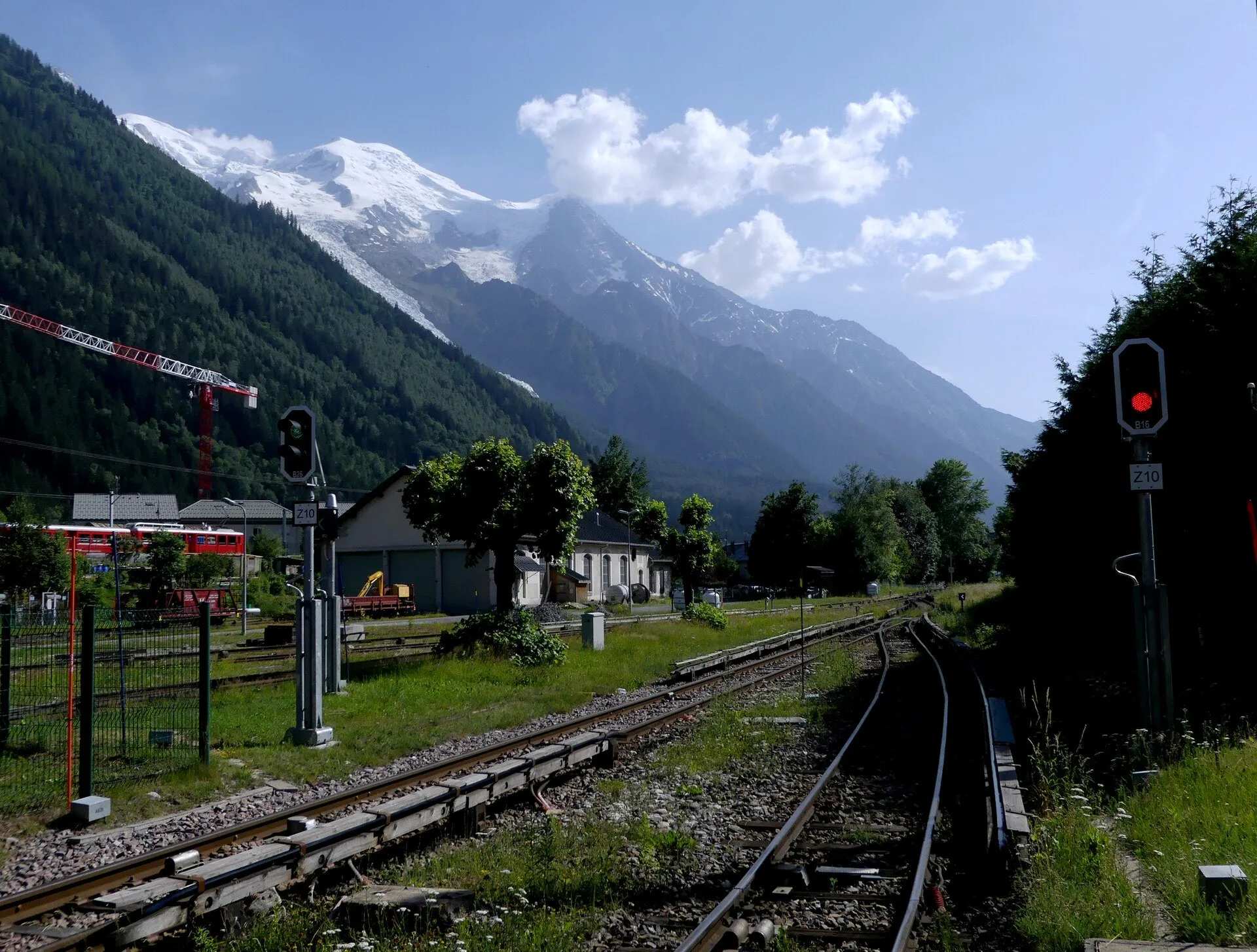 The single track heading out of Chamonix towards Les Houches with the Mont Blanc massif behind.